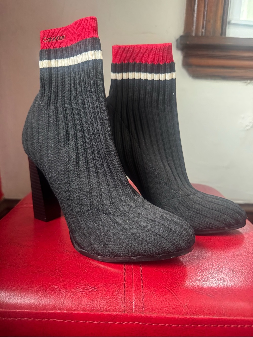 Calvin Klein Black Ribbed Sock Boot with Red and White Stripe